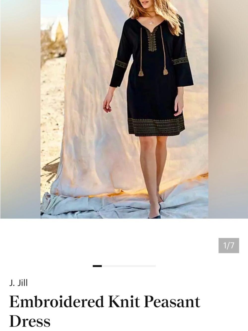 J. Jill Black Knit Peasant Dress with Gold Embroidery